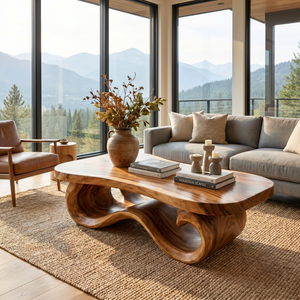 Modern Solid Wood Coffee Table with Sculptural Wave Base and Rounded Top