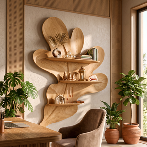 Organic Botanical Solid Wood Wall Shelf with Sculptural Leaf Display Shelves