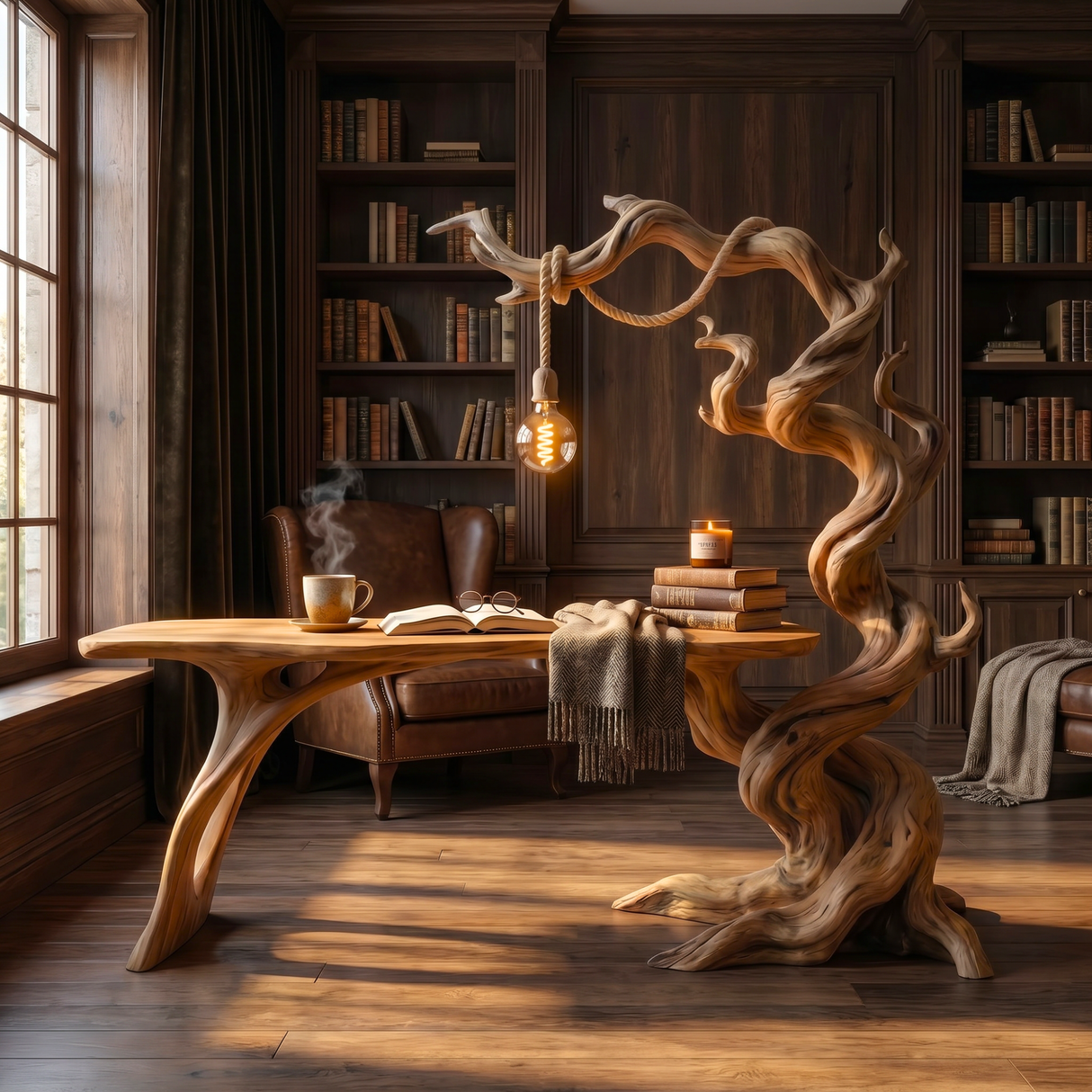 Twisted Tree Wood Desk With Hanging Lamp Organic Sculptural Office Table
