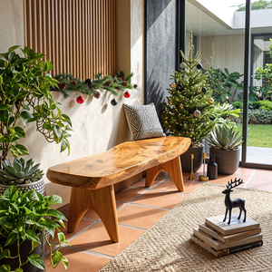 Live Edge Solid Wood Outdoor Bench with Sculptural Tapered Legs