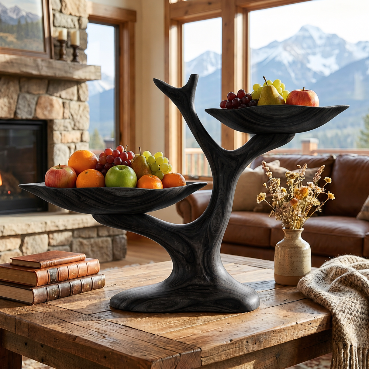 Handcrafted Two-Tier Solid Wood Fruit Bowl with Sculptural Tree Branch Stand