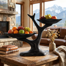 Handcrafted Two-Tier Solid Wood Fruit Bowl with Sculptural Tree Branch Stand