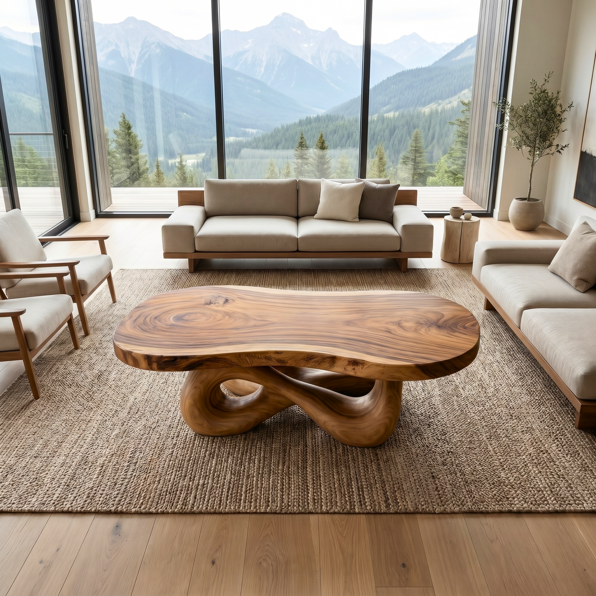 Handcrafted Solid Wood Coffee Table with Organic Sculptural Base and Rounded Live Edge Top