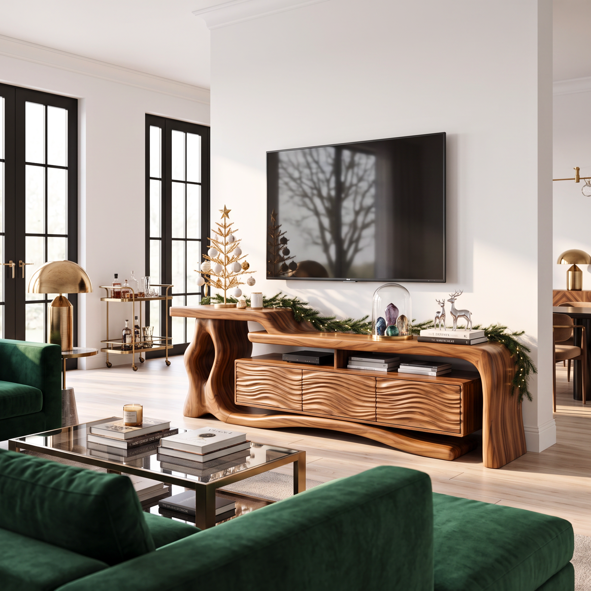 TV Stand with Sculptural Tree Root Frame and Wave Carved Cabinet Doors