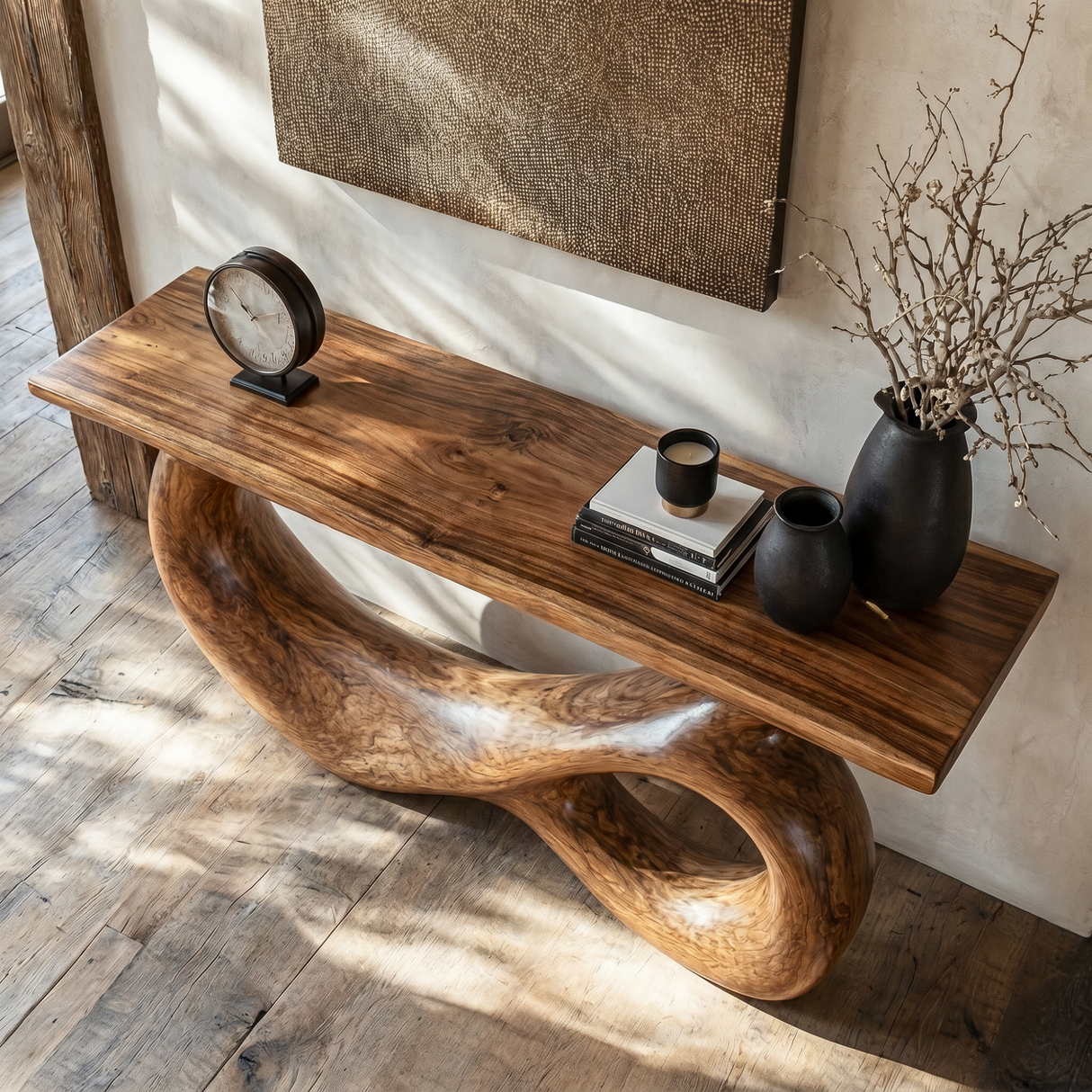Console Table Solid Wood with Double Hollow Loop Base for Entryway Decor