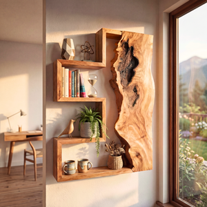 Geometric Solid Wood Wall Shelf with Live Edge Panel Sculptural Floating Storage Display