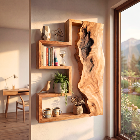 Geometric Solid Wood Wall Shelf with Live Edge Panel Sculptural Floating Storage Display
