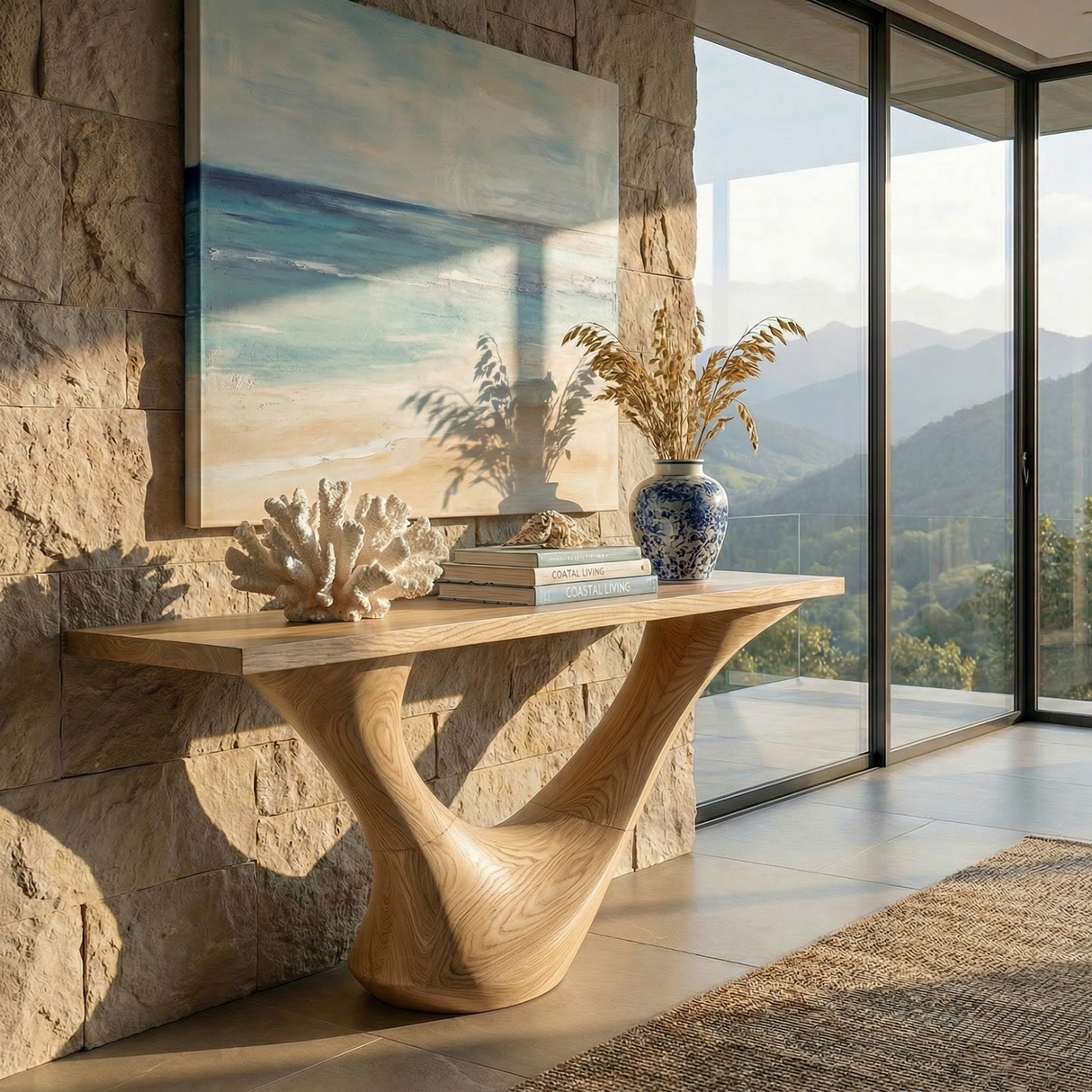 Handcrafted Solid Wood Sculptural Console Table with Organic Flow Base for Modern Interiors