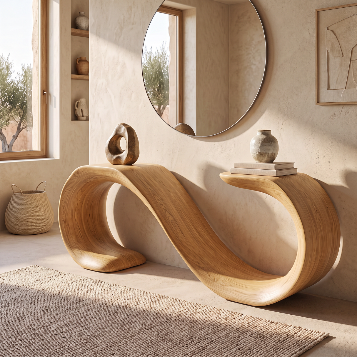 Solid Wood Console Table with Sculptural Double Loop Base for Entryway Decor