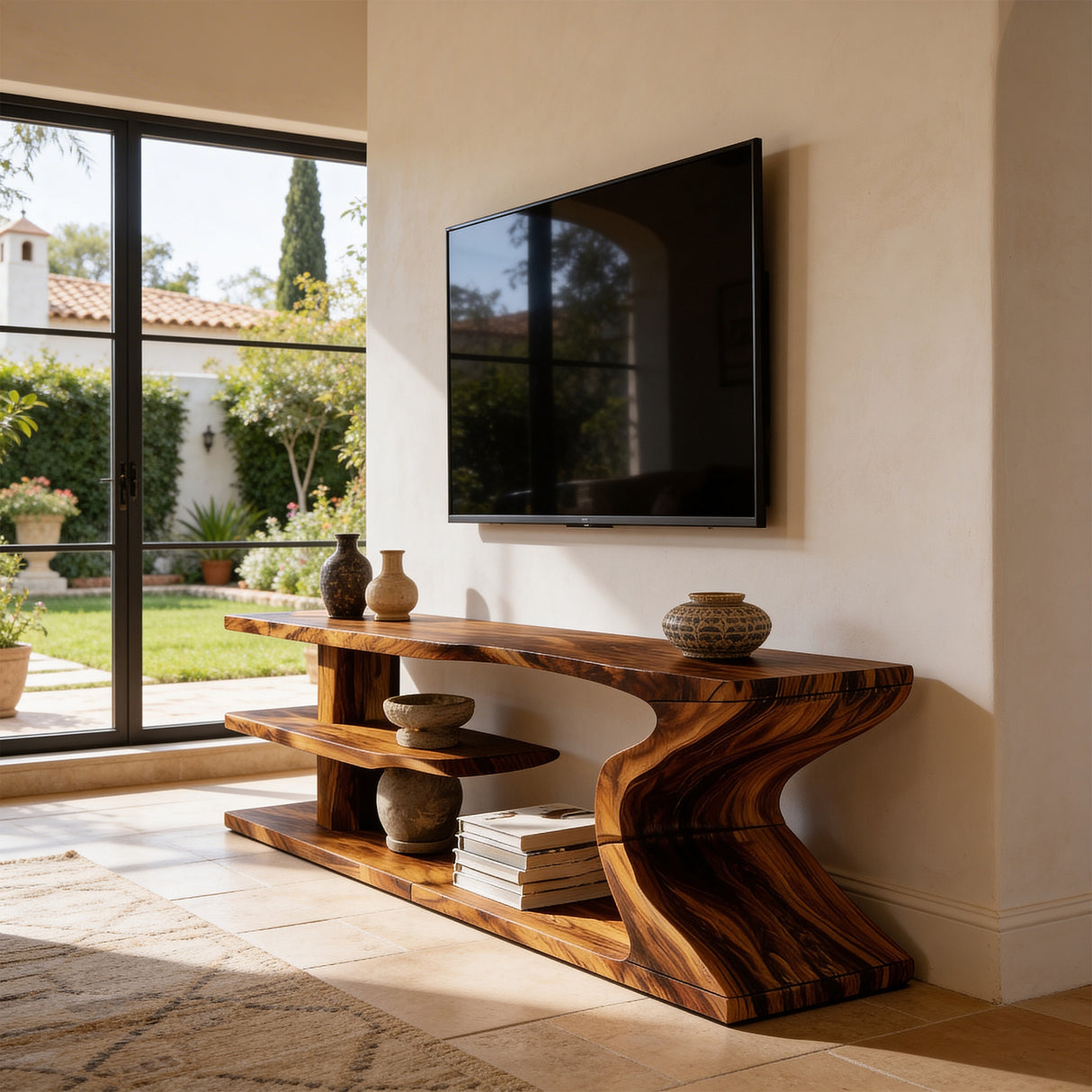 Sculptural Live Edge Wood TV Stand with Flowing Base