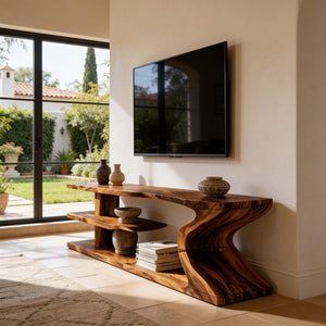 Sculptural Live Edge Wood TV Stand with Flowing Base