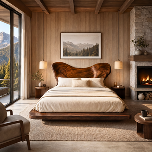 Sculptural Solid Wood Platform Bed with Organic Curved Headboard for Bedroom