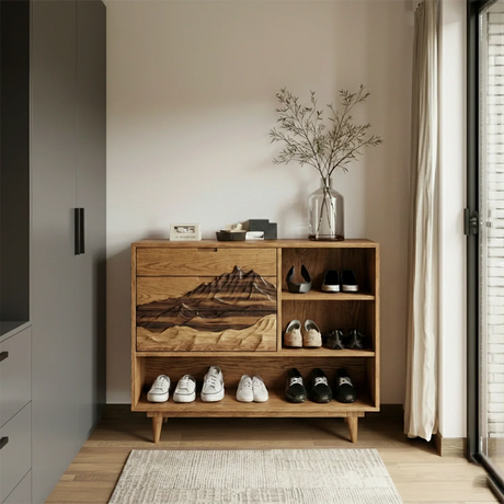 Artistic Mountain Grain Solid Wood Shoe Cabinet for Modern Entryway