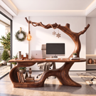 Handmade Solid Wood Tree Desk With Hanging Lamp Organic Modern Sculptural Office Table