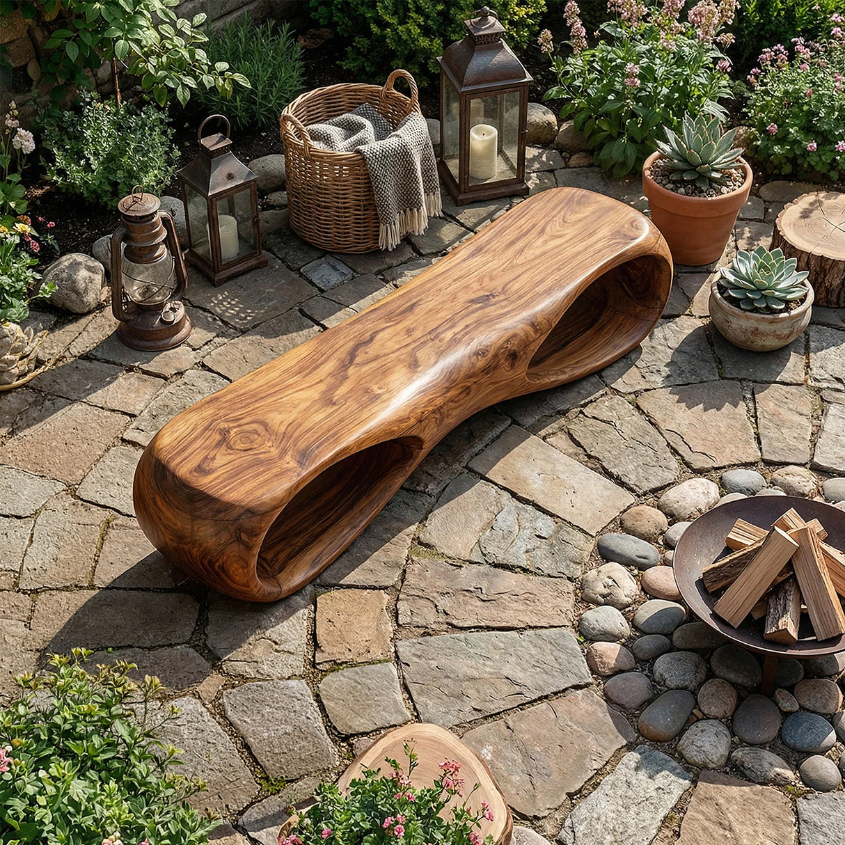 Sculptural Solid Wood Bench with Organic Hollow Design