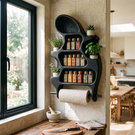 Organic Solid Wood Wall Spice Organizer with Plant Shelves and Towel Roll Holder