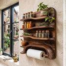 Handcrafted Solid Wood Spice Rack Shelf with Organic Edges and Paper Towel Holder