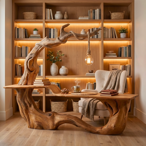 Handmade Organic Solid Wood Desk With Hanging Lamp Sculptural Modern Workspace Table