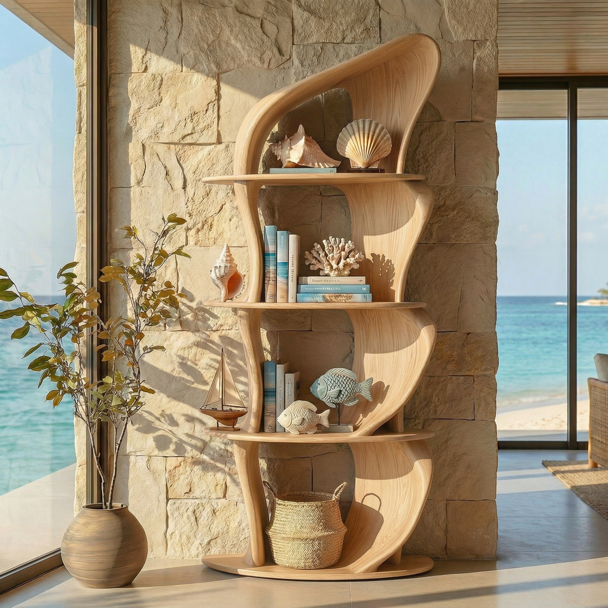 Solid Wood Sculptural Bookshelf with Asymmetrical Curves for Organic Modern Interiors