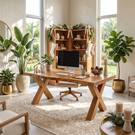 Live Edge Solid Wood Desk with Sculptural X Legs for Home Office