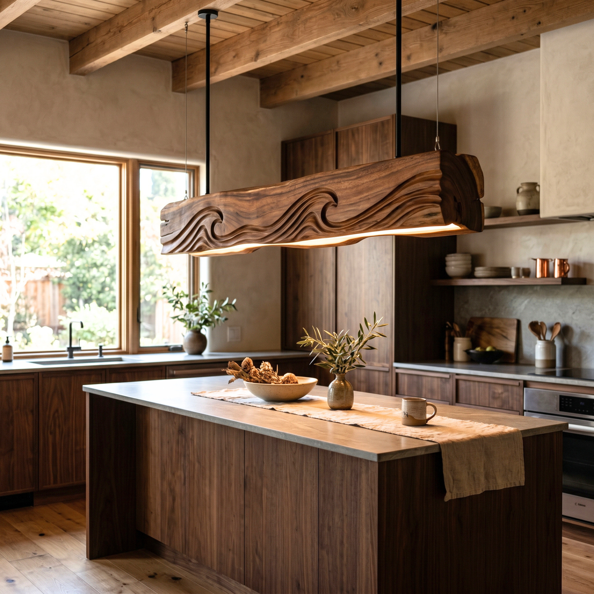 Carved Wave Wood Pendant Light for Dining Room