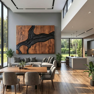 Abstract Wood Wall Art Panel with Black Organic Inlay, Large Sculptural Wall Decor