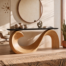 Console Table Solid Wood with Sculptural Wave Loop Base and Dark Top