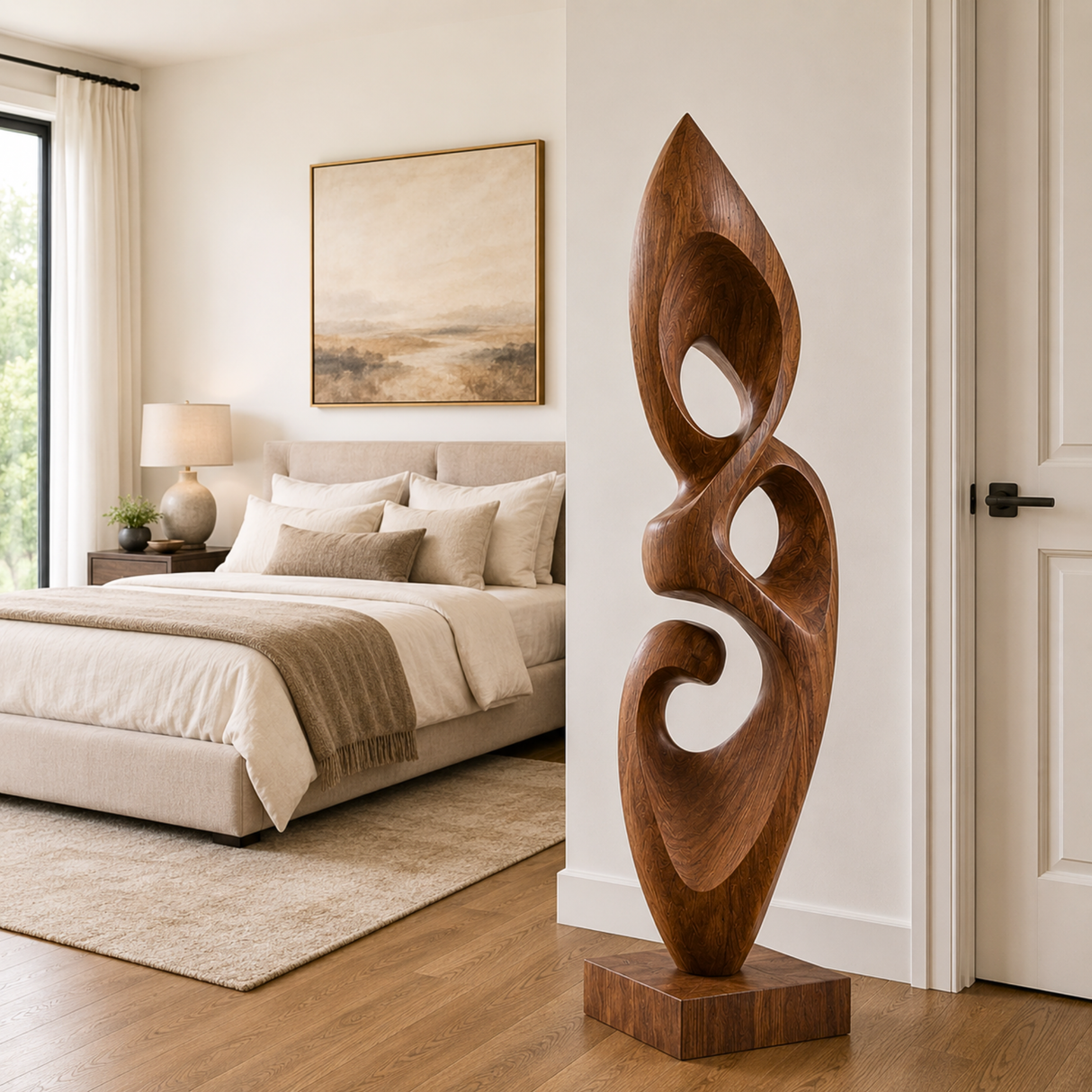Handcrafted Solid Wood Abstract Floor Sculpture with Layered Open Form