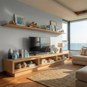 Solid Wood TV Cabinet with Open Display Shelves for Contemporary Living Rooms