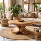 Coffee Table Solid Wood with Sculptural Four-Lobed Pedestal Base for Living Room