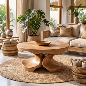 Coffee Table Solid Wood with Sculptural Four-Lobed Pedestal Base for Living Room