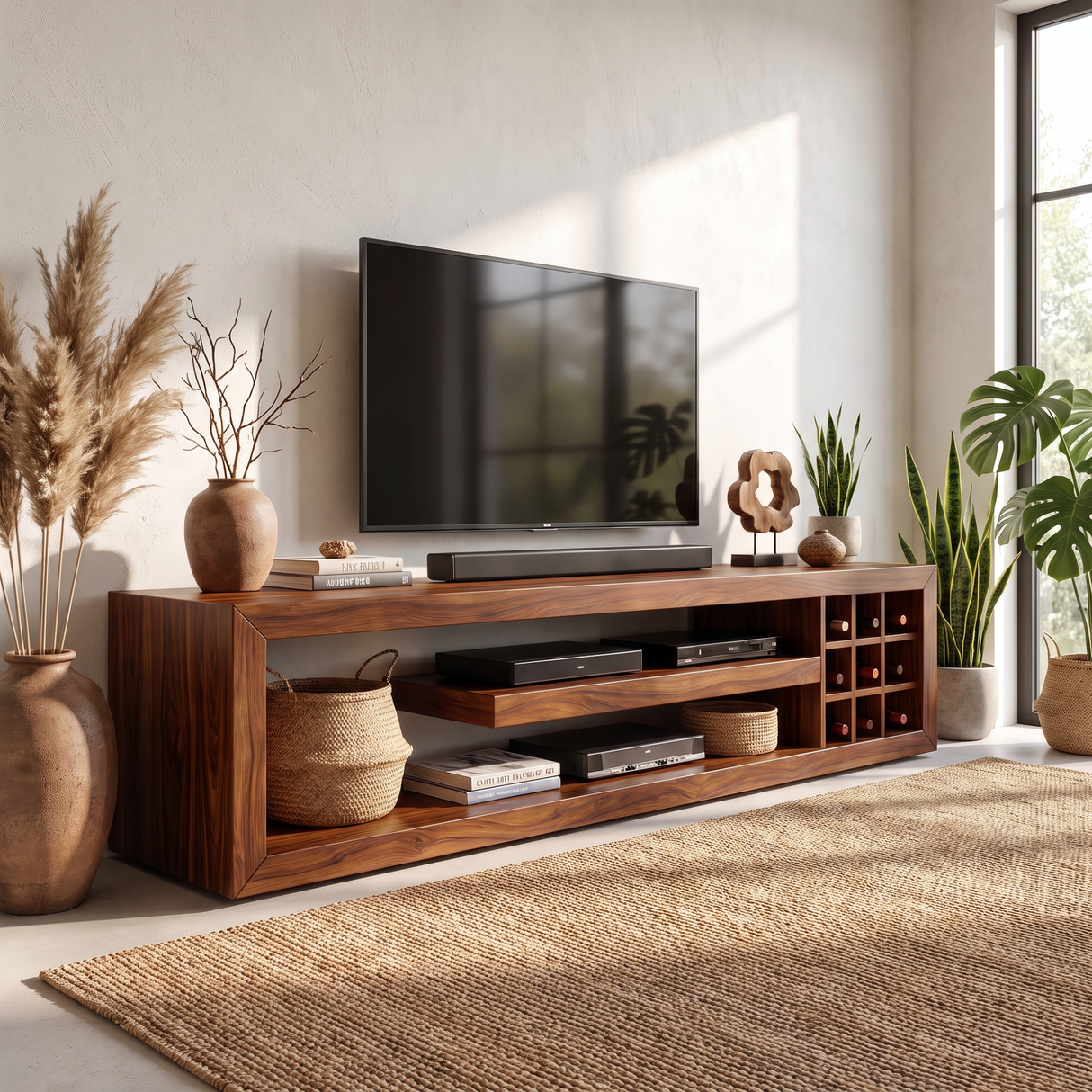 TV Console Solid Wood with Open Media Shelves and Side Cubby Storage for Living Room