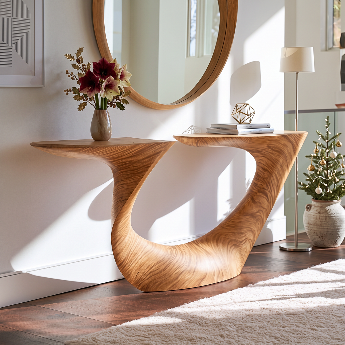 Organic Solid Wood Console Table with Sculptural Double Curve Base