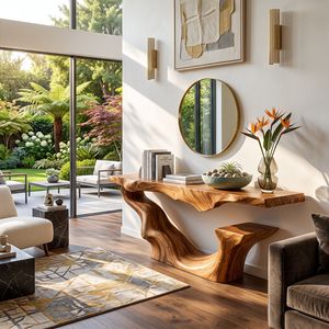 Organic Solid Wood Console Table with Sculptural Floating Curve Base