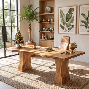 Handcrafted Live Edge Solid Wood Desk with Tapered Pedestal Legs