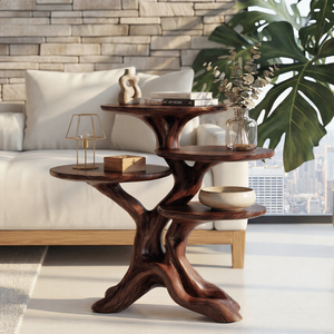 Branch Form Four Tier Wood Accent Table with Sculptural Root Base