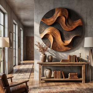 Handcrafted Wood Wall Sculpture with Woven Wave Relief and Charcoal Contrast