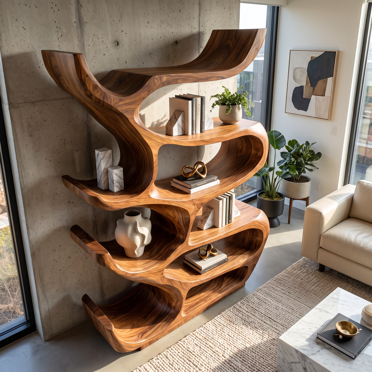 Bookshelf Solid Wood with Sculptural Organic Loop Shelves