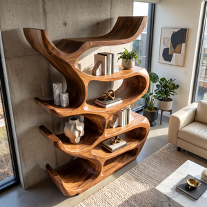 Bookshelf Solid Wood with Sculptural Organic Loop Shelves