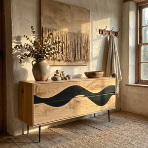 Wave Front Sideboard Cabinet with Sculptural Contrast, Modern Storage Credenza