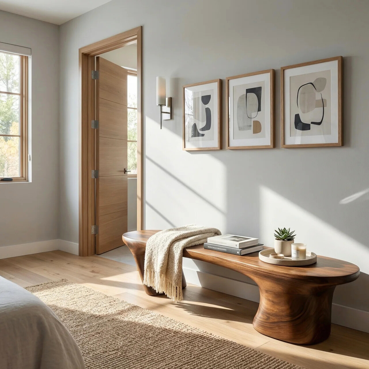 Organic Wood Bench with Sculptural Flared Pedestal Base for Modern Interiors