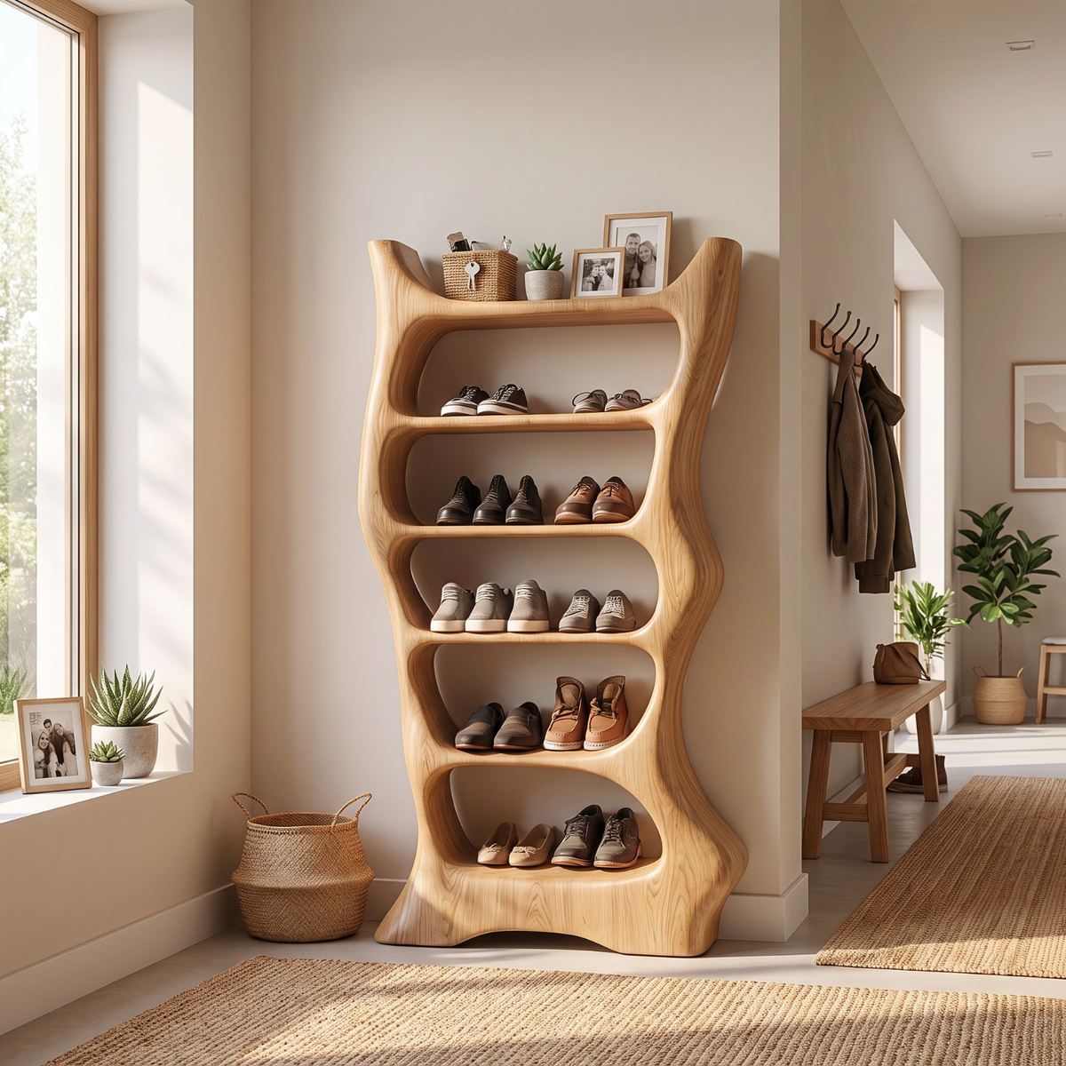 Shoe Rack Solid Wood with Sculptural Organic Frame and Multi Tier Shelves