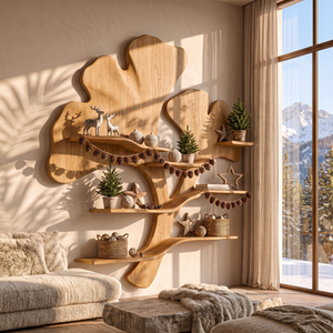 Sculptural Solid Wood Wall Shelf with Flowing Botanical Leaf Design