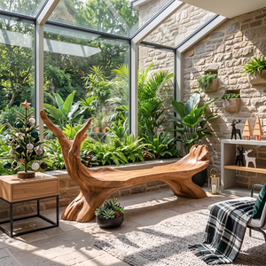 Organic Solid Wood Garden Bench with Sculptural Branch Back for Patio Decor