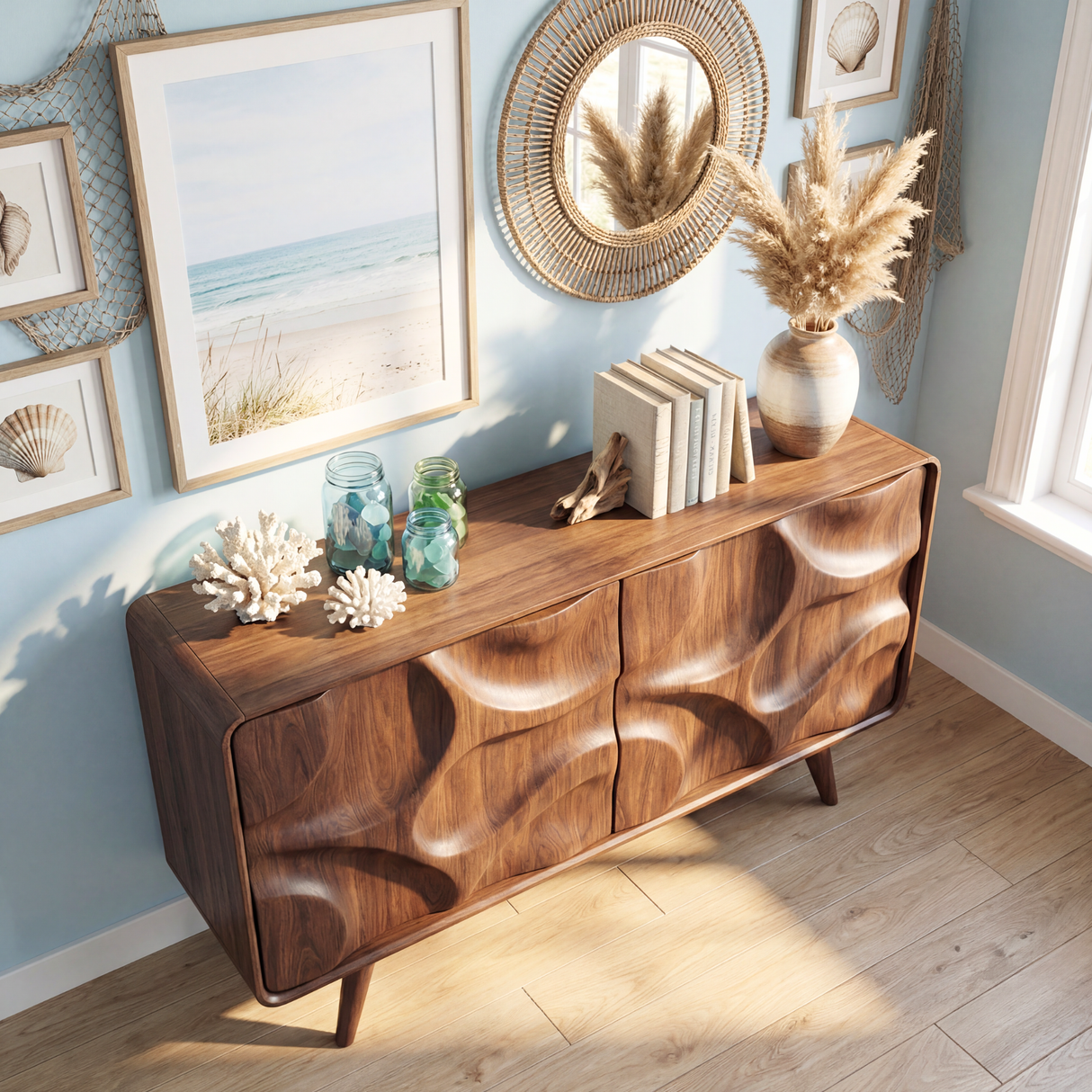 Sculpted Walnut Wood Sideboard Cabinet for Living Room or Dining Room