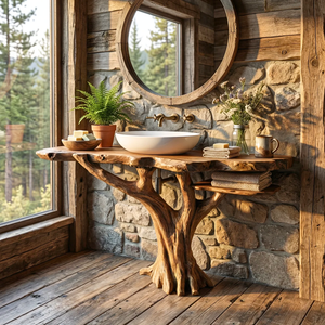 Handcrafted Solid Wood Bathroom Vanity with Tree Root Base and Side Shelf