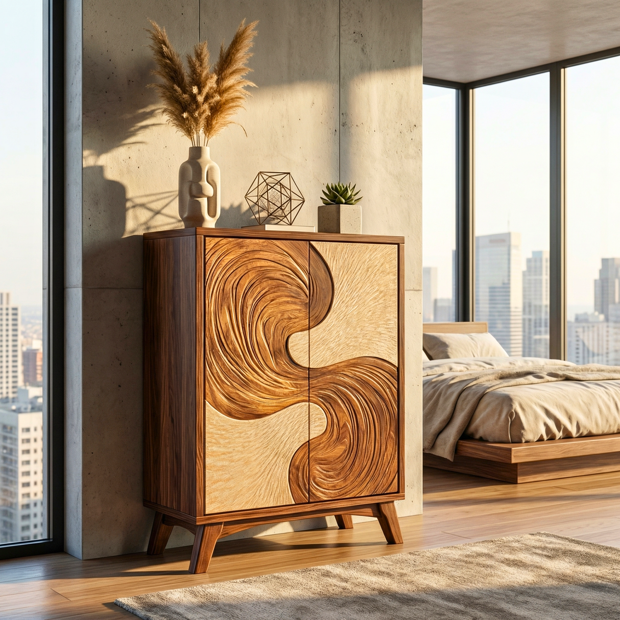 Solid Wood Sideboard with Flowing Wave Sculptural Doors for Modern Interiors