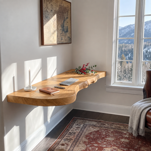 Live Edge Solid Wood Floating Desk with Organic Wall Mounted Design
