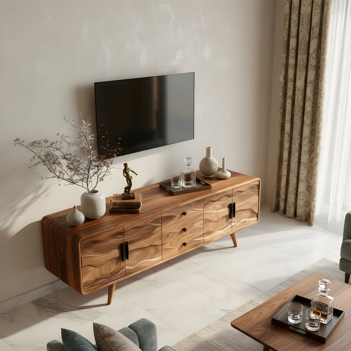 Organic Solid Wood TV Cabinet with Wave Carved Doors