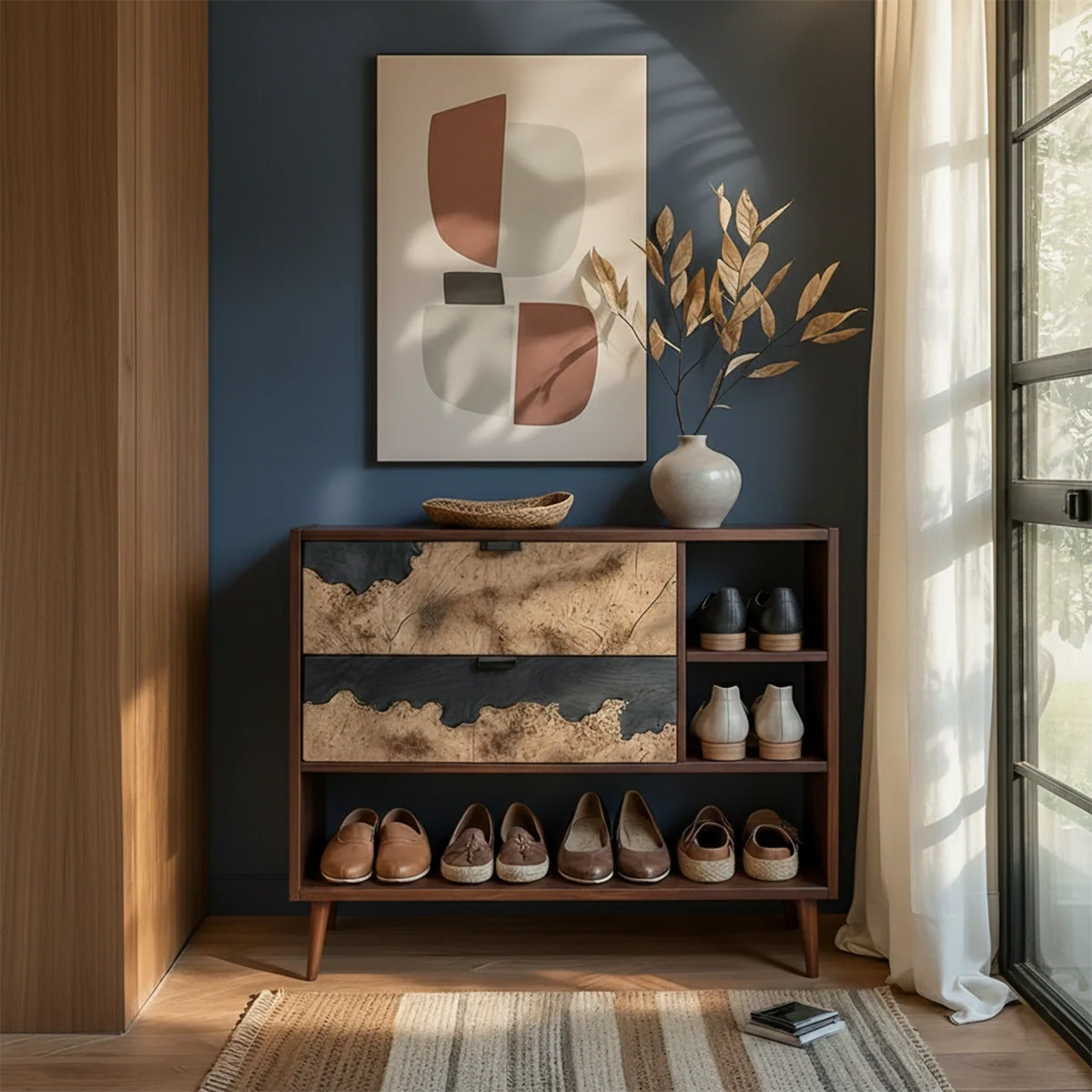 Solid Wood Entryway Shoe Cabinet with Artistic Grain Storage
